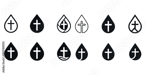 Set of religious symbols: crosses and drops in monochrome designs