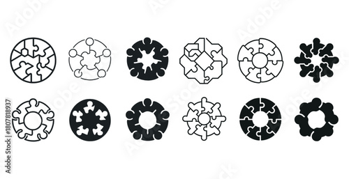 Collection of black and white circular puzzle icons in various geometric designs