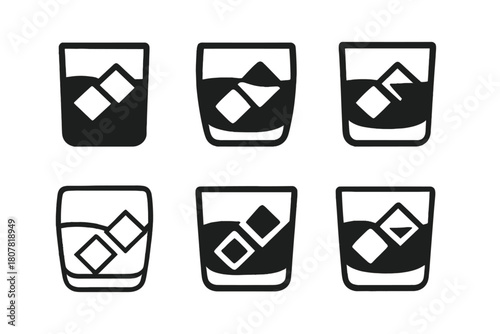 Alcoholic Drink Icons. Alcoholic Beverages. Icon set. Set Logo of Alcoholic Drinks: whiskey glass with ice cubes. harmonious logo variations of the same