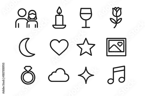 Romantic Icon Set. Romantic Moments. Line icon set of Romantic Moments: couple, candle, wine glass, flower, moon, heart, star, photo frame, ring, cloud,