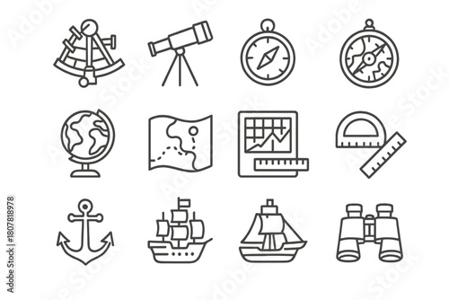 Exploration Icon Set. Exploration instruments. Line icon set of exploration instruments: sextant, telescope, compass, astrolabe, globe, map, chart, ruler,