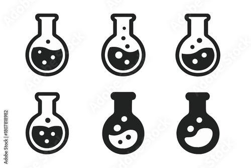 Research Logo Variations. Research. Icon set. Set Logo of Research: Laboratory flask. harmonious logo variations of the same emblematic concept, each with
