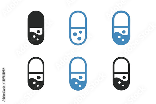 Edible Packaging Icons. Edible packaging innovations. Icon set. Set Logo of edible packaging innovations: capsule containing drinkable portion. harmonious logo