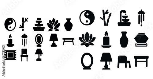Zen and meditation icons: yin yang, lotus, candle, bamboo, fountain, chair, lamp symbols