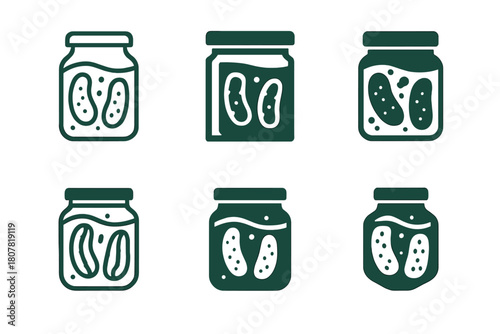 Pickled Food Logos. pickled food. Icon set. Set Logo of pickled food: open jar with pickling brine. harmonious logo variations of the same emblematic concept,