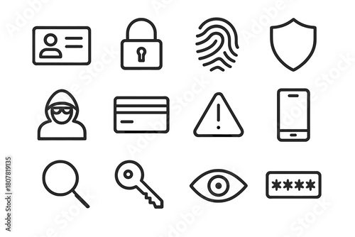 Identity Protection Icons. Identity theft prevention. Line icon set of identity theft prevention: ID card, lock, fingerprint, shield, hacker, credit card,