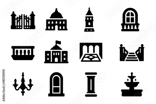 Palace Icons Set. Palace. Solid icon set of Palace: grand gate, palace dome, royal tower, arched window, balcony, flag on roof, courtyard, staircase,