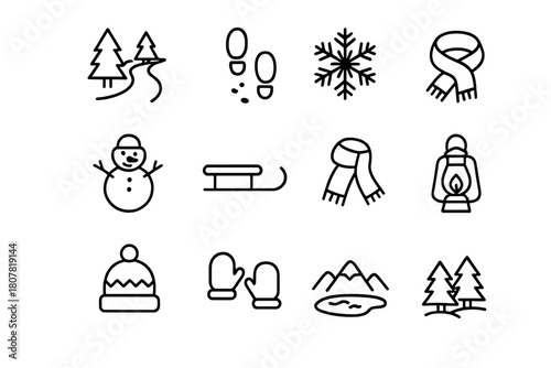 Winter Trail Icons. Winter trail. Line icon set of Winter trail: pine trees, snow-covered path, footprints in snow, snowflakes, snowman, sled, scarf, winter