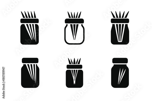 Toothpick Holder Logos. Toothpick Holder. Icon set. Set Logo of Toothpick Holder: glass jar with wooden lid. harmonious logo variations of the same emblematic