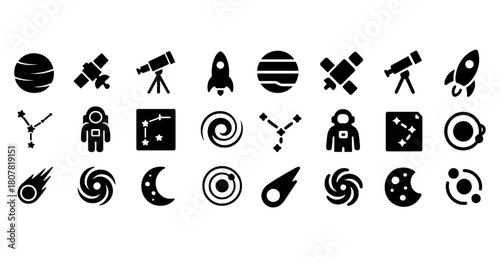 Space exploration icons: satellites, telescopes, astronauts, rockets, constellations