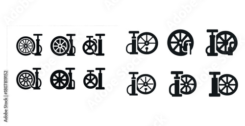 Vector icons of diverse bicycle wheel designs and styles in black