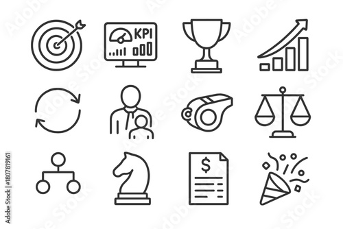 Leadership Icon Set. Leadership. Solid icon set of leadership: leader figure, podium, flag, lightbulb, people group, star, upward arrow, gears, plan board,