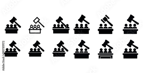 Courtroom icons: judges, gavels, and jury in various styles