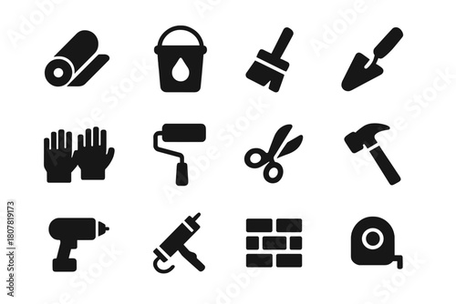 Waterproofing Icon Set. Construction waterproofing. Solid icon set of construction waterproofing: membrane roll, bucket, brush, trowel, gloves, roller,