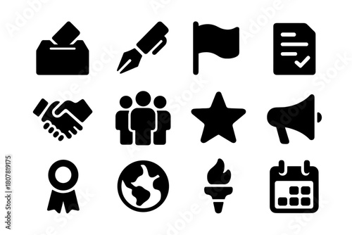 Political Icons Set. Political leadership. Solid icon set of Political leadership: leader podium, crowd, election vote, flag bearer, handshake, microphone,