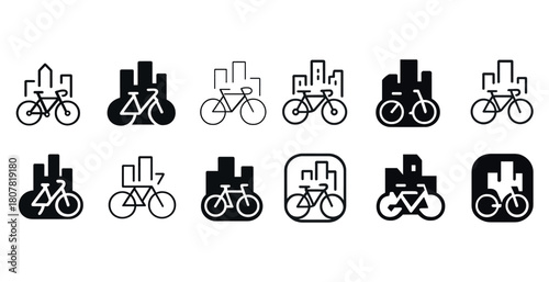 Set of urban bicycle icons with city skyline elements in black and white