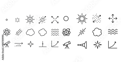 Minimalist vector icons: astrophysics, weather, and physics illustrations collection