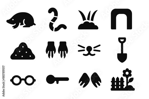 Garden Critters Icons. Garden Critters. Solid icon set of Garden Critters: mole, worm, soil, grass, tunnel, dirt mound, digging paws, whiskers, nose, shovel,