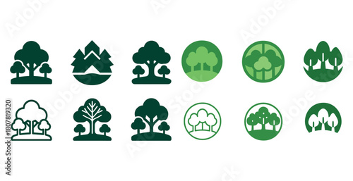 Set of twelve green tree logos in various styles and designs