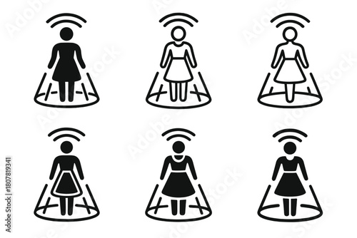 Augmented Fashion Logos. Augmented reality fashion. Icon set. Set Logo of augmented reality fashion: holographic dress projection around body. harmonious logo