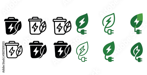 Eco-friendly energy icons: battery and leaf designs for sustainable technology