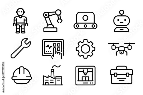 Robotic Workspace Icons. Robotic co-working. Line icon set of Robotic co-working: humanoid robot, robotic arm, conveyor belt, AI assistant, wrench, tablet
