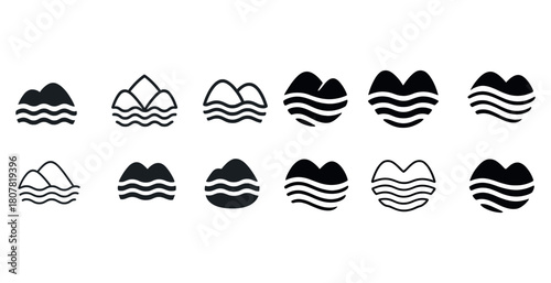 Black and white mountain wave icons collection - simplistic nature symbols