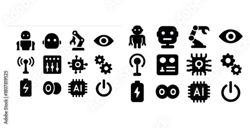 Robotics and ai icons: robots, circuits, and technology symbols