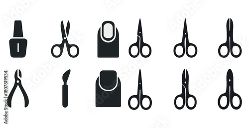 Manicure and pedicure tool icons set: scissors, clippers, polish