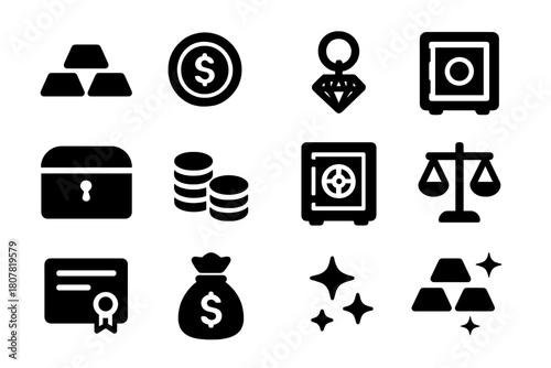 Precious Metals Icons. Precious metals. Solid icon set of Precious metals: gold bar, bullion, coin, jewelry, safe, treasure chest, stack, vault, scale,
