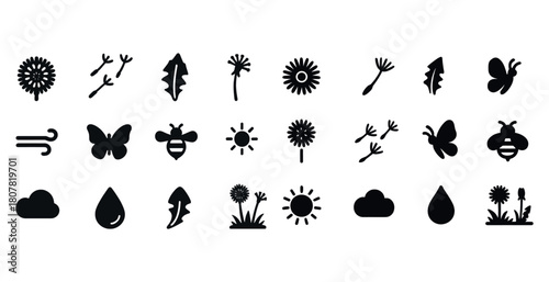 Nature icons set: flowers, leaves, butterflies, clouds, sun, wind, raindrops