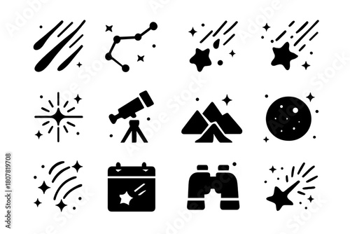Meteor Showers Icons. Meteor showers. Solid icons set of Meteor showers: streaking meteors, constellation, night sky, shooting star, radiant point, telescope,