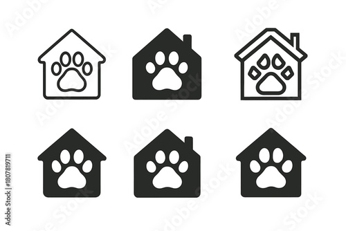 Pet-Friendly Home Logos. Pet-friendly home ideas. Icon set. Set Logo of pet-friendly home ideas: house silhouette with paw print inside. harmonious logo