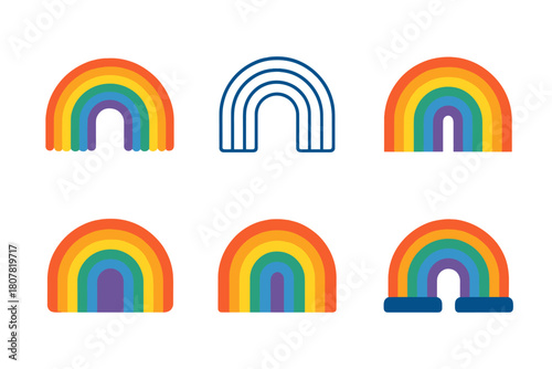 Rainbow Logo Variations. Rainbow. Icon set. Set Logo of rainbow: spectrum color bands. harmonious logo variations of the same emblematic concept, each with