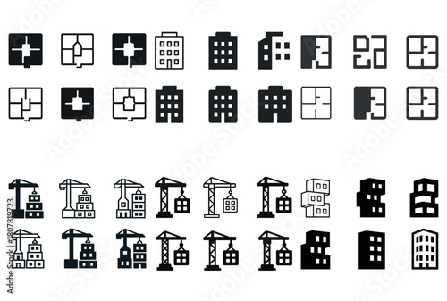 Icons of building construction and architecture blueprints in various styles