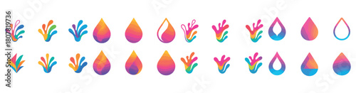 Colorful gradient water droplets and splashes in abstract design