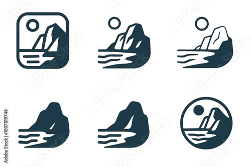 Rocky Shore Logos. Rocky shore. Icon set. Set Logo of rocky shore: coastal cliffside view. harmonious logo variations of the same emblematic concept, each with