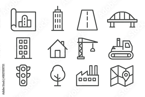City Growth Icons. City growth planning. Line icon set of City growth planning: blueprint, skyscraper, road, bridge, apartment building, house, construction