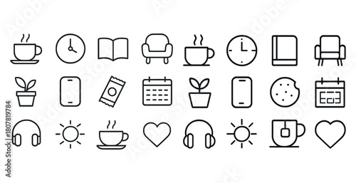 Minimal line art icons: coffee, clock, book, chair, plant, calendar, cookie, headphones, heart