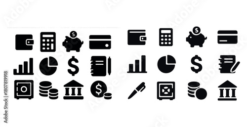 Financial icons set: wallet, calculator, piggy bank, credit card, chart, dollar sign