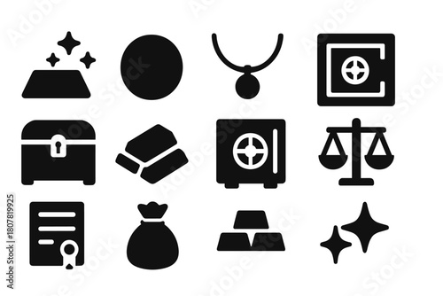 Precious Metals Icons. Precious metals. Solid icon set of Precious metals: gold bar, bullion, coin, jewelry, safe, treasure chest, stack, vault, scale,
