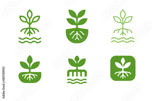 Eco-Irrigation Logo Set. Eco-friendly irrigation. Icon set. Set Logo of eco-friendly irrigation: plant roots absorbing water lines. harmonious logo variations