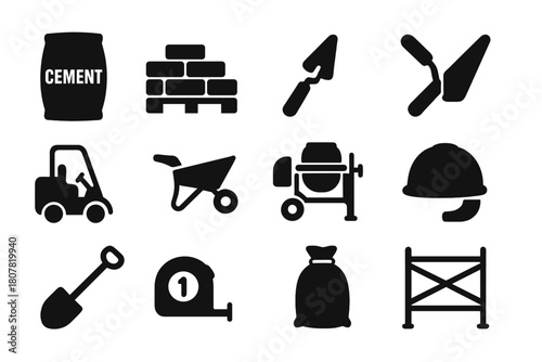 Construction Tools Icons. Building Materials Stack. Solid icon set of Building Materials Stack: cement bag, bricks, pallet, trowel, forklift, wheelbarrow,