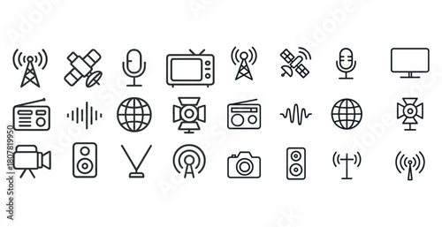Set of simple line icons representing various media and communication devices