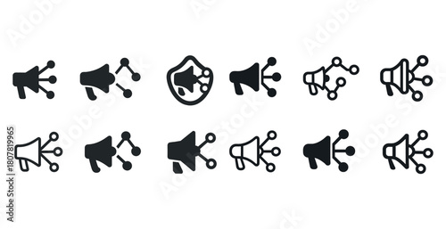 Set of black megaphone icons with networking elements for communication and marketing