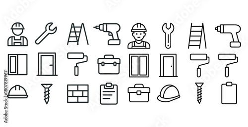 Construction tools and equipment icons featuring worker and hard hat