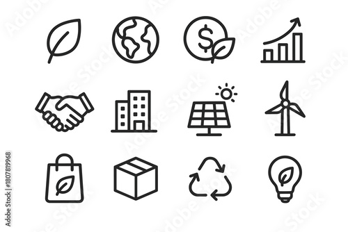 Eco Business Icons. Eco-friendly Business. Line icon set of Eco-friendly Business: leaf, globe, coin, chart, handshake, building, solar panel, wind turbine,