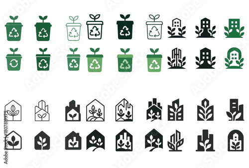 Eco-friendly urban agriculture icons with recycling and greenhouse symbols