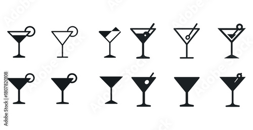 Set of black and white cocktail glass icons with various designs