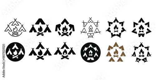 Collection of camping themed logos with tents and campfire designs